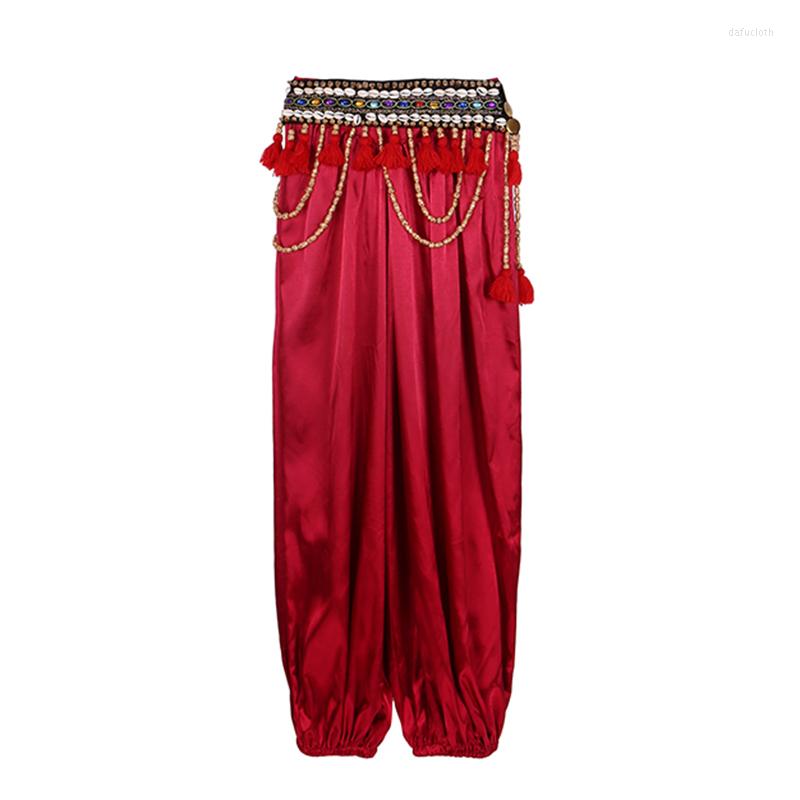 

Stage Wear 13 Colors Dancewear Belly Dance Practice Women Men Loose Trousers Elastic Ankle High Waist Bloomers Satin Long Pants Unisex, Purple