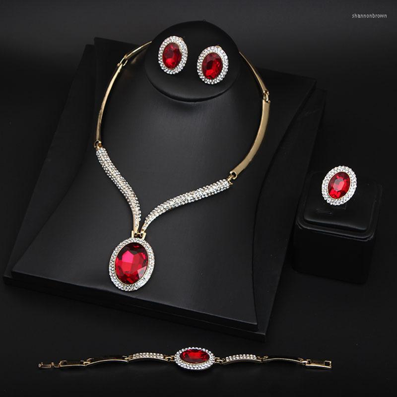 

Pendant Necklaces Cross-border Rhinestone Crystal Large Gem Necklace Earring Ring Bracelet Four-piece Set Accessories