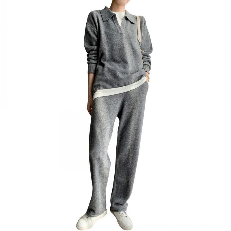 

Women' Two Piece Pants Autumn 2023 Thick Sweater Up And Down Two-piece Korean Version Grey Lapel Wide Leg Two-pieceWomen, Black