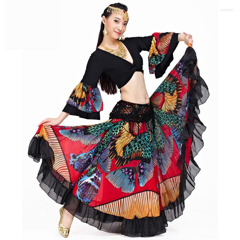 

Stage Wear 720 Degrees Tribal Belly Dance Performance Women Outfit 2 Pieces Set Top And Skirt Butterfly Pattern Full Circle Gypsy Costumes, Red black 2pcs