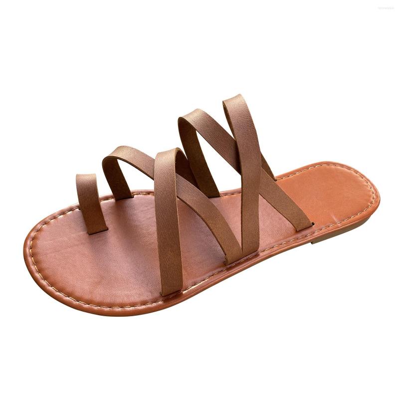 

Sandals Ladies Fashion Solid Color Leather Thin Band Combination Clip Toe Flat Casual Faux Slippers For Women, Brown
