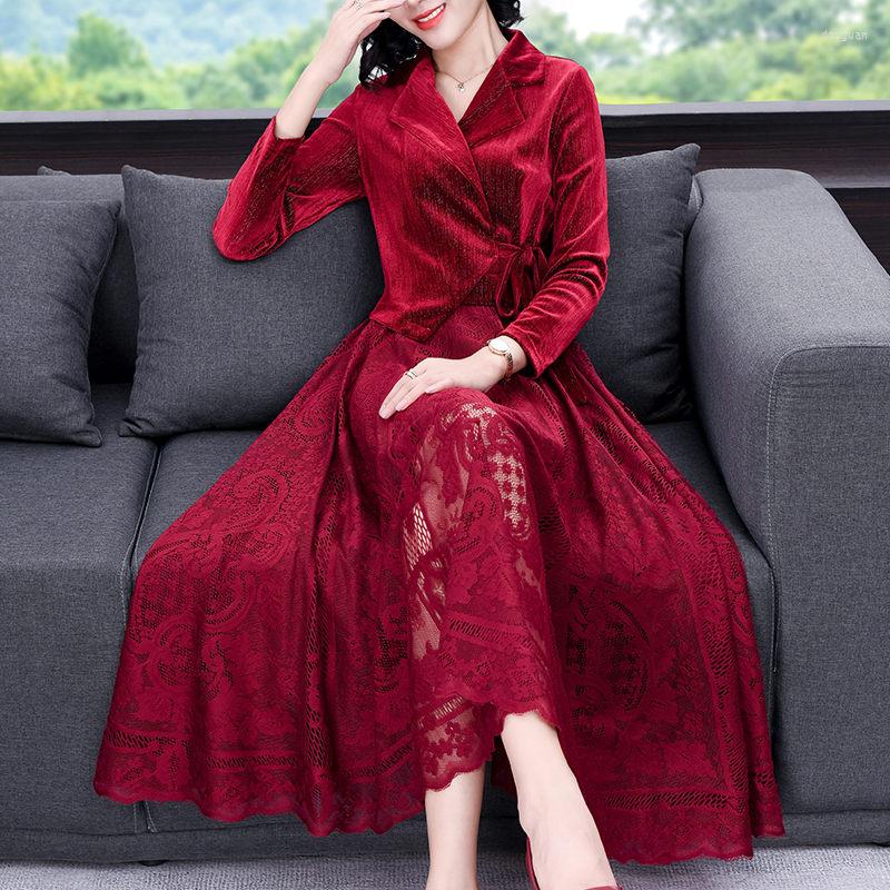

Casual Dresses 2023 Autumn High-End Fashion Large Size Lace Stitching Gold Velvet Pleated Dress Sashes Elegant Vintage OL Ladies T290, Red