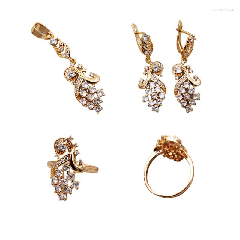 

Necklace Earrings Set Trendy Fashion Accessories Gold Hoop Rings Pendent White Stone Zircon Women 3pcs, Picture shown