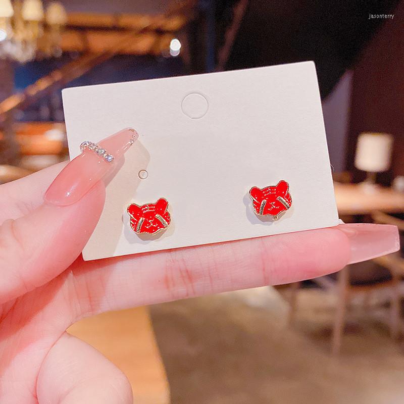 

Stud Earrings Red Animal Head Drip Glaze Korea Fashion Ear Piercing Trend Christmas Jewelry For Woman Cute Party