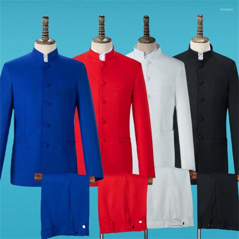 

Men' Suits Blazer Men Chinese Tunic Suit Set Pants Stand Collar Mens Wedding Costume Singer Star Style Stage Cloth Formal Dress B375, Black