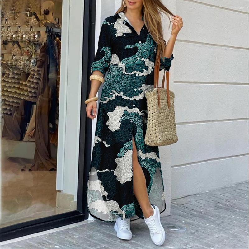 

Casual Dresses Spring Women Vintage Printed Turn-down-collar Shirt Dress Autumn Long Sleeve Vestido