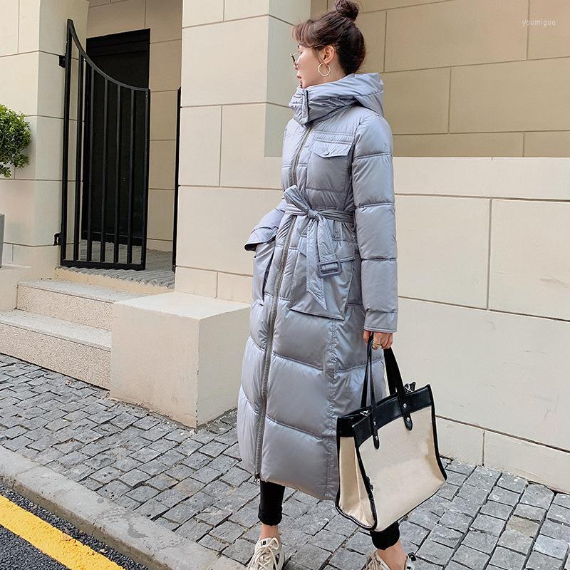

Women' Trench Coats Glossy Padded Women' Long Over-the-knee Waist-length Autumn And Winter Large Size Hooded Thickened Warm Jacket, Black