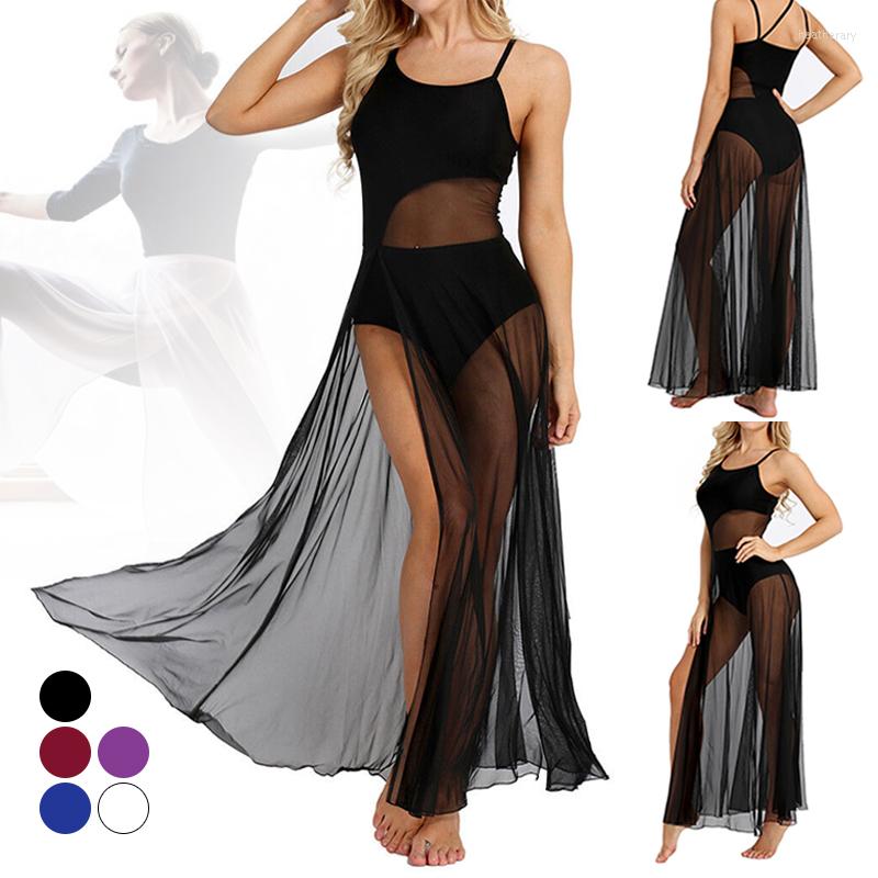 

Stage Wear Women Spaghetti Strap Ballet Dance Dress Sleeveless Leotard Maxi Skirt Ballerina Costumes Dancewear Performance