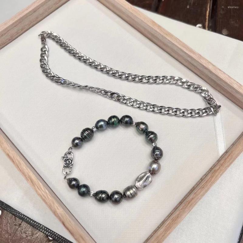 

Chains Natural Tahitian Pearl Bracelet Baroque Jewelry For Men 925 Silver Clasp Trend Titanium Steel Chain Necklace Wholesale