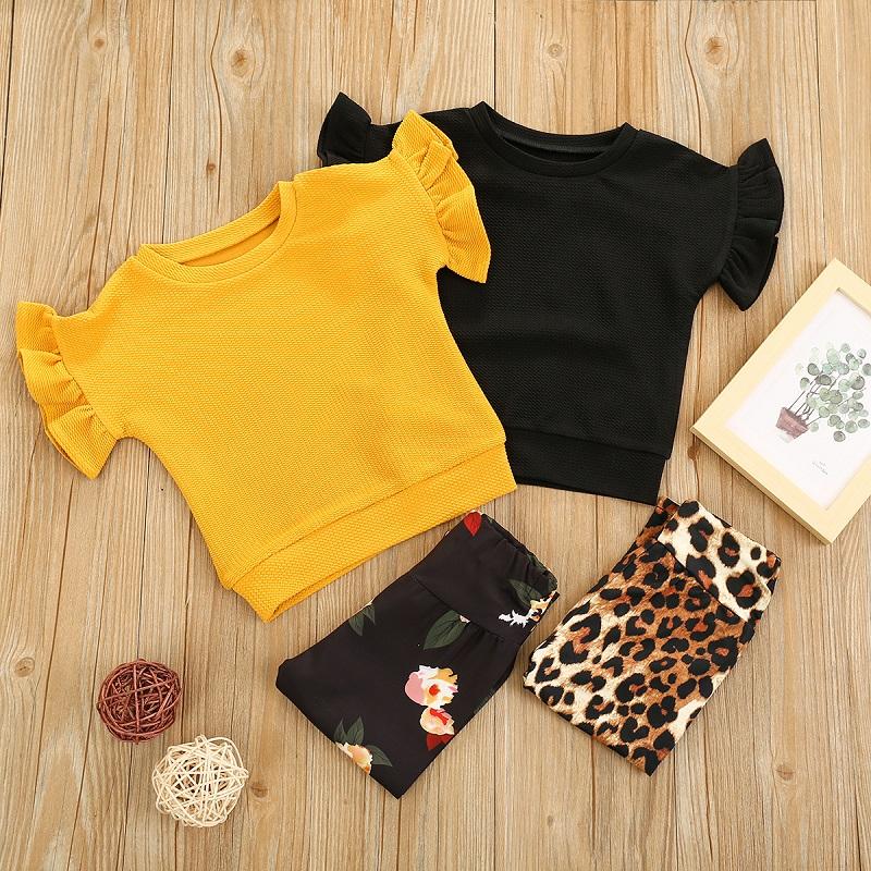

Clothing Sets 0-24M Born Baby Girl Flare Short Sleeve T-shirt Tops Leopard Floral Pant Legging 2PCS Set, Black