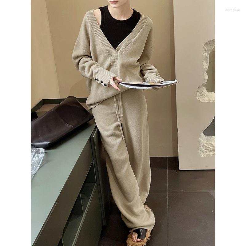 

Ethnic Clothing 2023 Winter Women's Simple Deep V-Neck Long Sleeve Top Wide Leg Pants Knit Set Fashion
