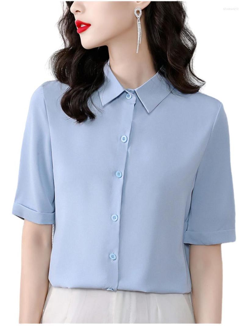 

Women' Blouses Women Summer Spring Shirts Lady Fashion Casual Long Or Short Sleeve Turn-down Collar Solid Color Office Blusas Tops G2365, Short blue