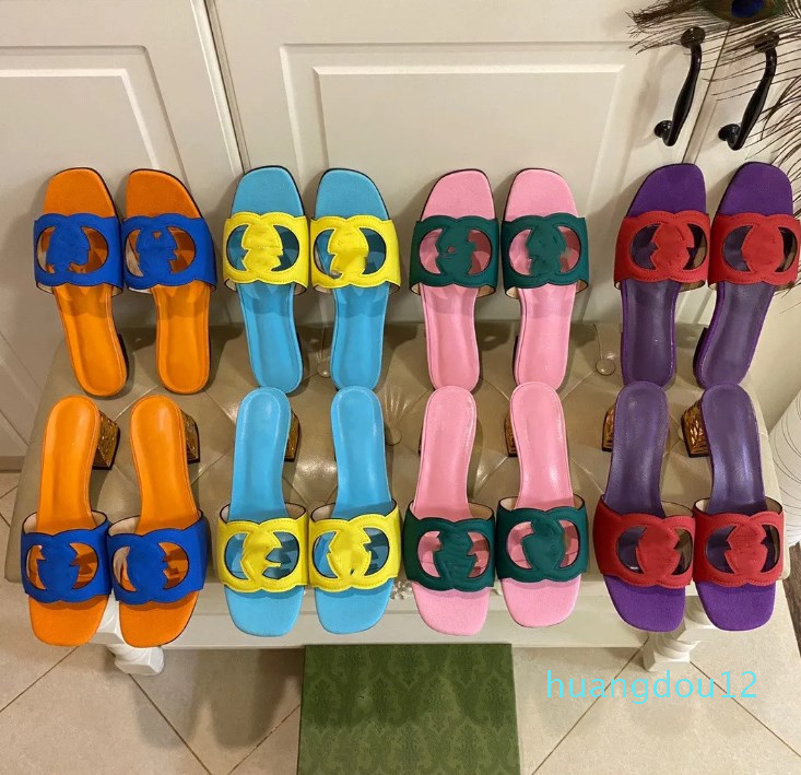 

Women Interlocking Slippers cut-out slide sandal Calf Leather Sexy Flat Ladies Fashion Cutout Wear Shoes 35-44, Blue flat heel