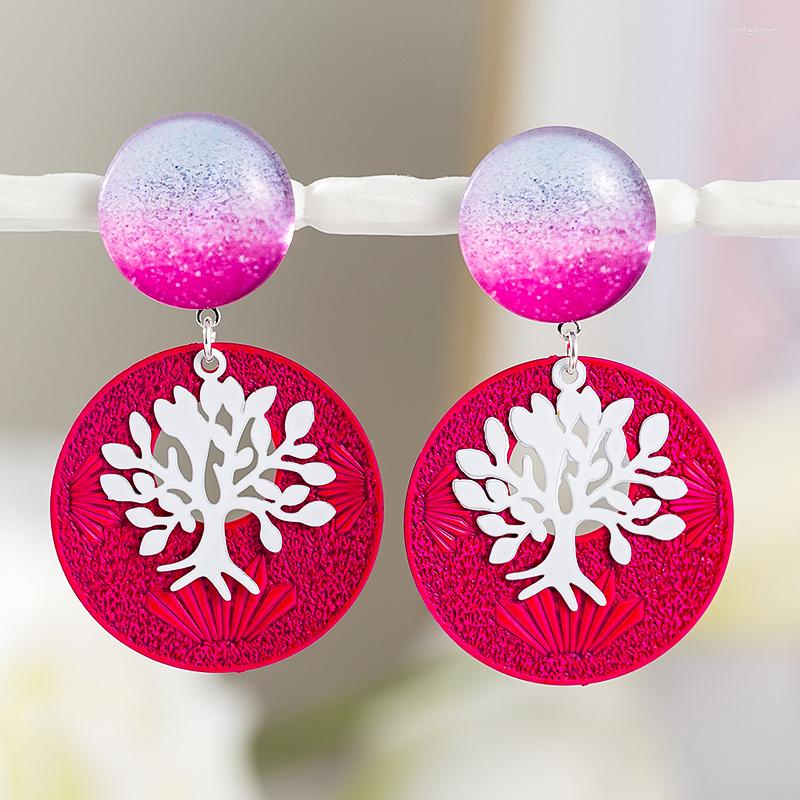 

Stud Earrings Fluorescent Colorful Tree Of Life For Women Glass Round Rose Red Fashion Jewelry Wholesale
