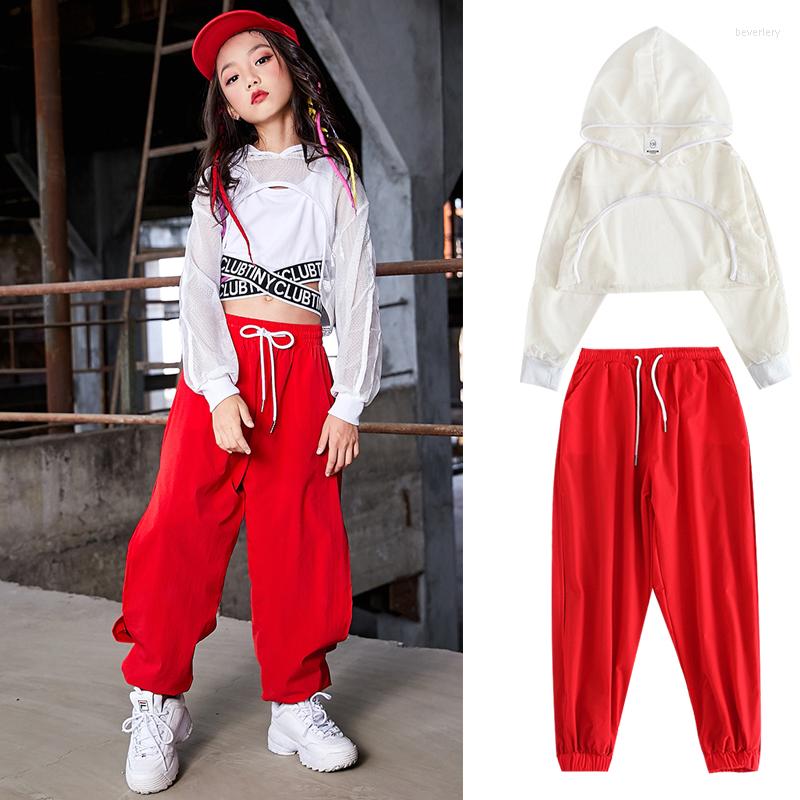 

Stage Wear Kids Jazz Dance Costumes White Tops Red Hiphop Pants Hip Hop Clothing For Girls Ballroom Modern Performance Dancewear DQS3356, Vest