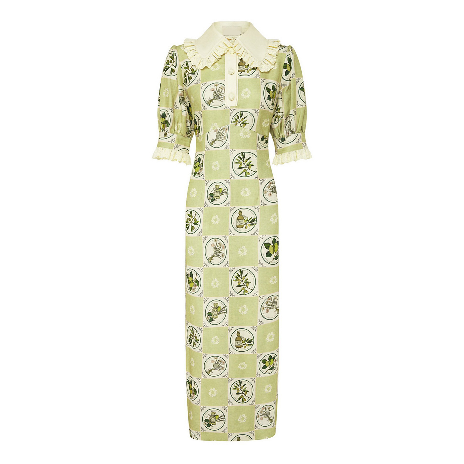 

Australian designer embroidered piping lapel puff sleeve midi dress, Beige