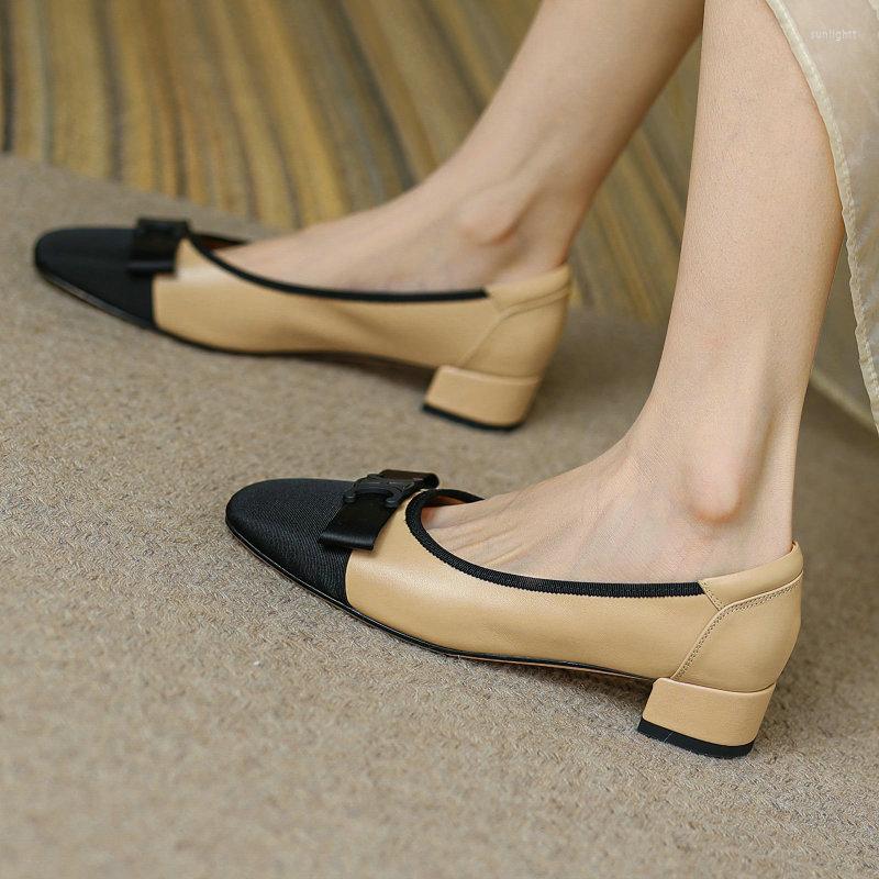 

Dress Shoes Genuine Cowhide Leather Mix Color Closed Toe Elegant Lady Office Med Heeled Small Size 33 Women Loafers Pumps, Ivory
