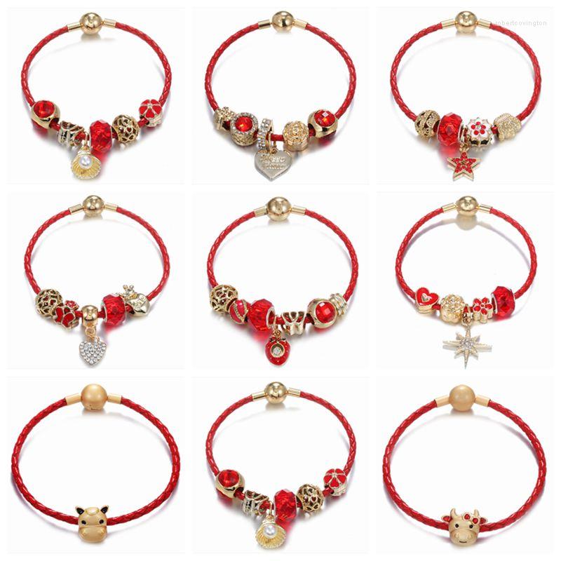 

Charm Bracelets AODUOLA 10PCS Mix Red Real Leather Crystal Enamel Gold Plated Metal Beads European Bracelet DIY Jewelry 18cm 19cm 20cm
