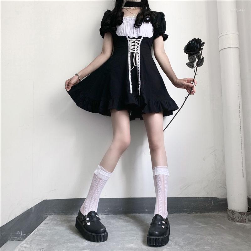 

Casual Dresses Japanese Soft Sister Cute Lolita Dress Women Victorian Gothic Slim Party Retro Dark Girls Bandage Maid RH916, Black