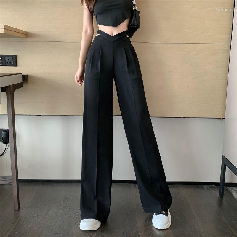 

Women' Pants Biyaby Hollow Out High Waist Wide Leg Women Fashion Back Zipper Baggy Suit Ladies Streetwear Y2K Straight Trousers, White regular