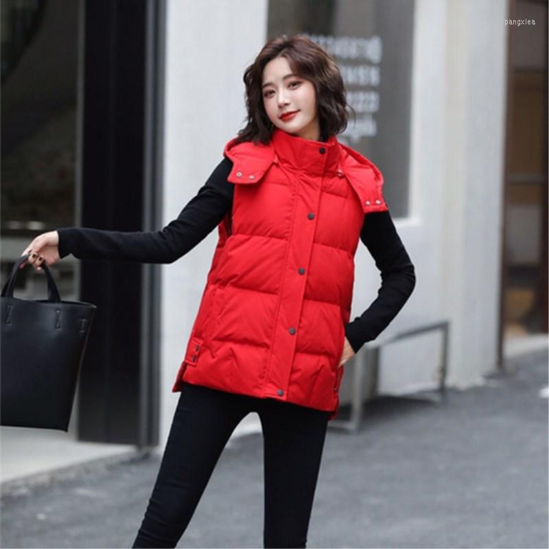 

Women' Vests 2023 Down Cotton Women' Vest Autumn Winter Girls' Coat Versatile Casual Hooded Student College Fashion Zipper Red, Black
