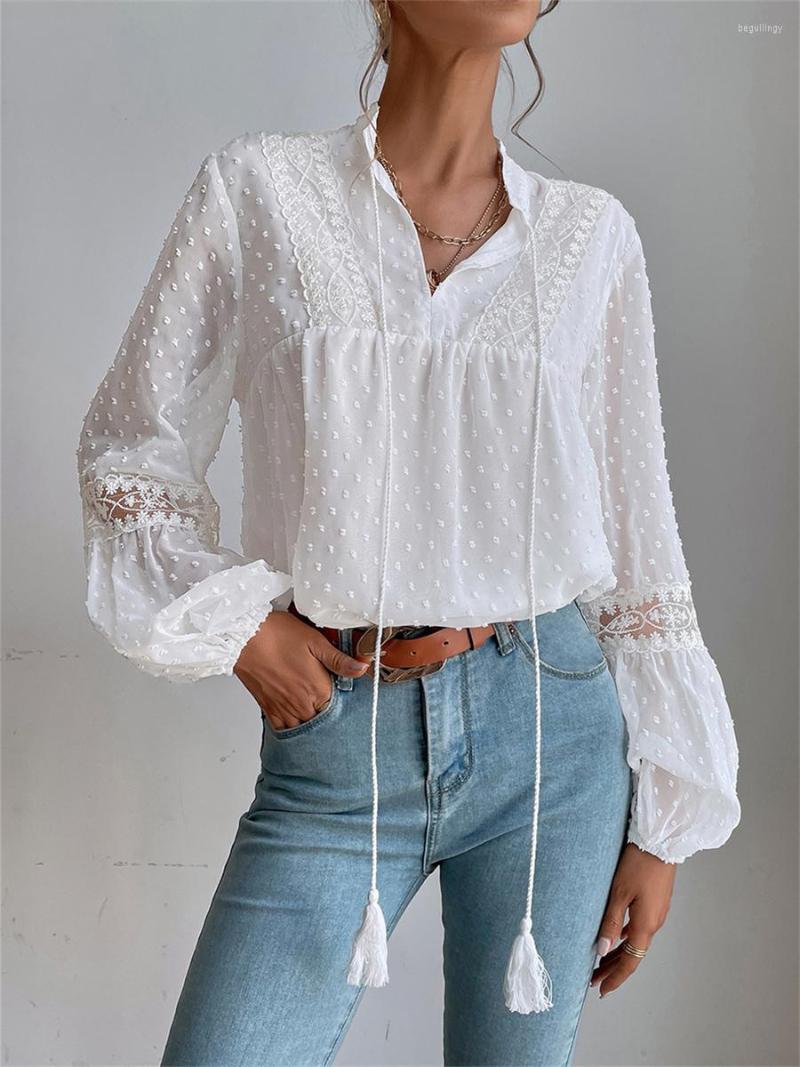 

Women' Blouses Wsevypo Dot Jacquard Lantern Long Sleeves Chiffon Blouse Women Spring Fall Tie Up V-Neck Pullover Tops Elegant Fashion, White