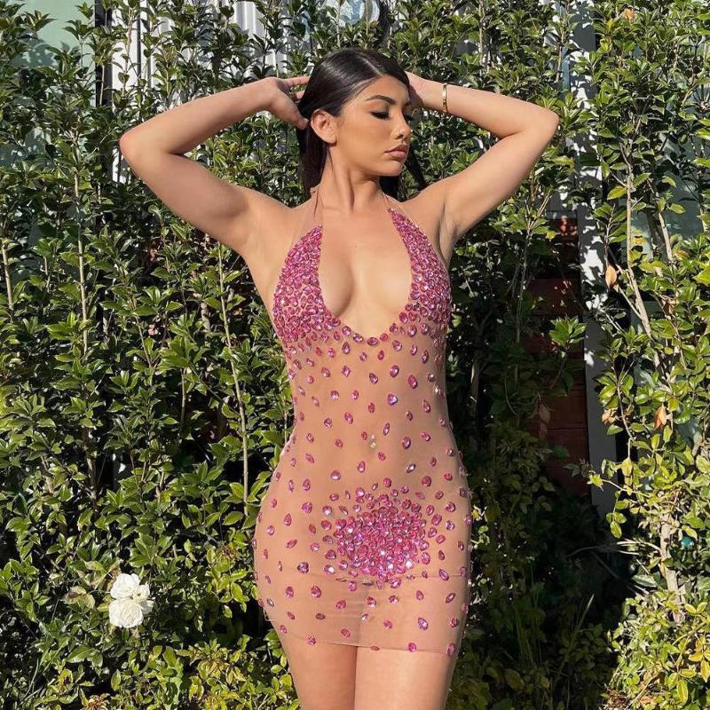 

Casual Dresses Zabrina Women' Dress 2023 Summer Elegant Rose Sexy Nightclub Party Sheer Mesh Drill Neck Wrap Chest Vestidos