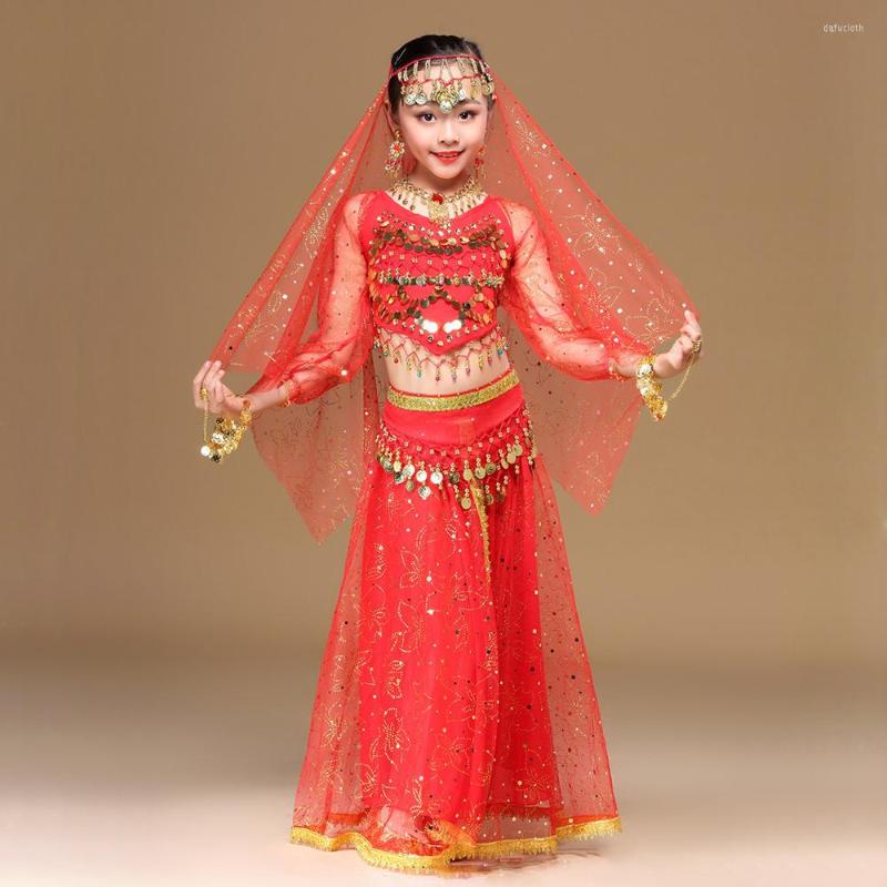 

Stage Wear 2023 Children Dancewear Belly Dance Costume Set Clothes Bollywood Outfits 4pcs (Top Belt Skirt Veil Headpiece), Royal blue