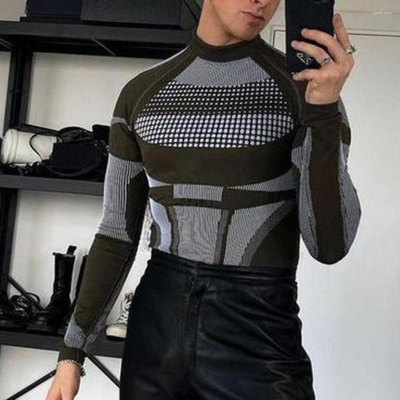 

Men's T Shirts Cool Men Base Top Patchwork Warm Half High Collar Color Matching Autumn T-shirt, Black