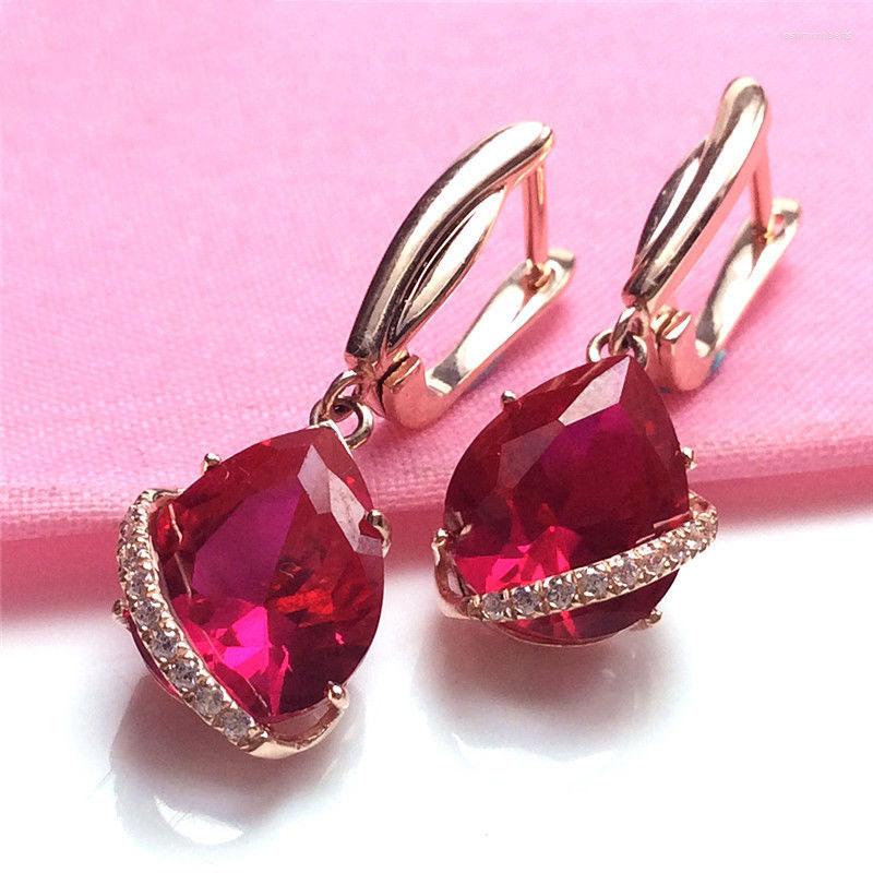 

Dangle Earrings 585 Purple Gold Inlay Ruby Water Droplet For Women Light Luxury And Fashion Plating 14K Rose Wedding Jewelry Gift