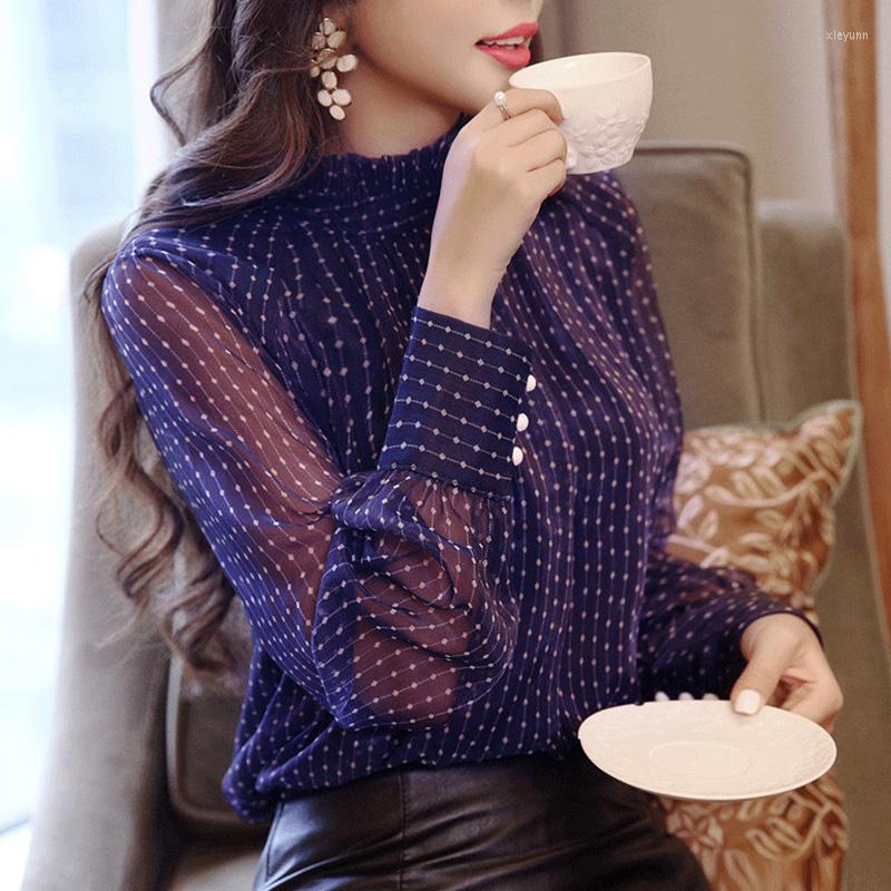 

Women's T Shirts Fashion Trumpet Sleeve Mesh Gauze Lace Shirt Autumn Winter Bottoming Polka Dot Blouse Women Tops, 02