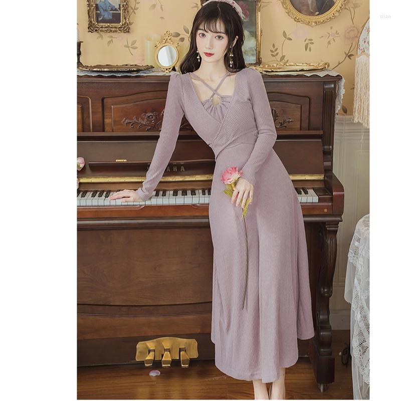 

Casual Dresses 2023 Autumn And Winter Long Sleeve Slim Fit Knitted Dress, Lavender