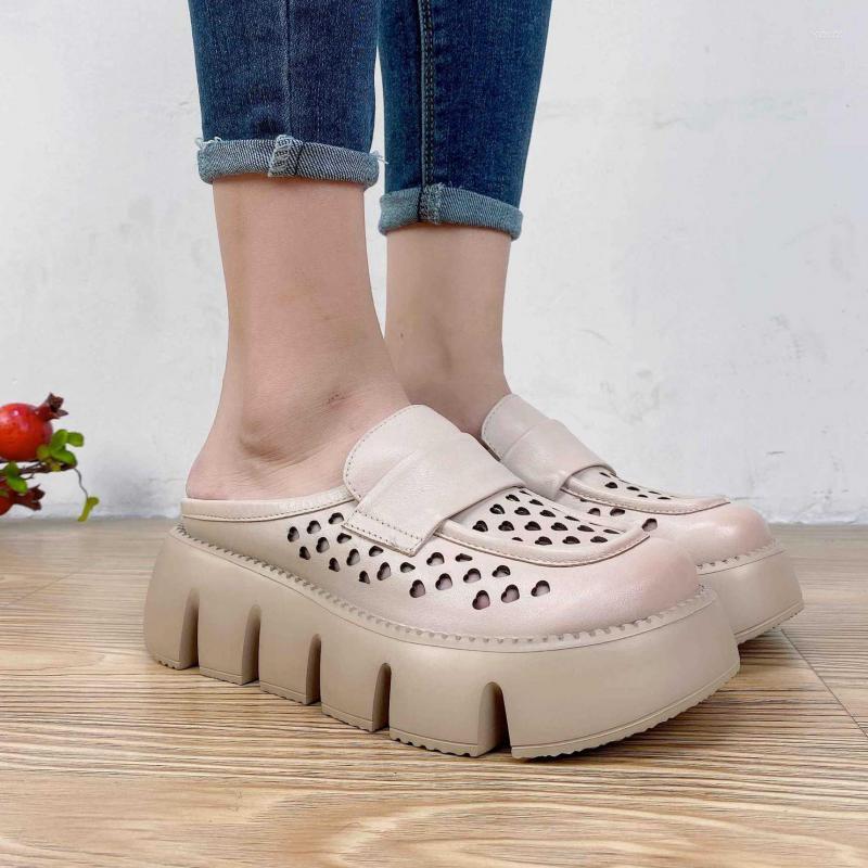 

Slippers YourSeason Summer Thick Soled Women Vintage Breathable Genuine Leather Round Toe Lady Comfortable Flat Platform Shoes, Brown
