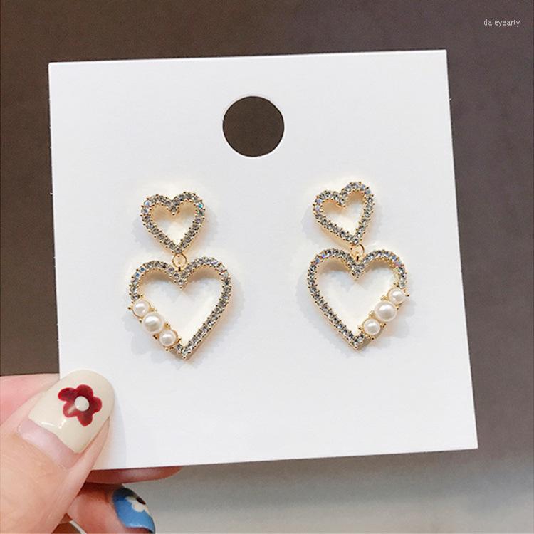 

Stud Earrings S Needle Korean Pearl Inlaid Diamond Double Love Hollow Peach Heart Sweet Female