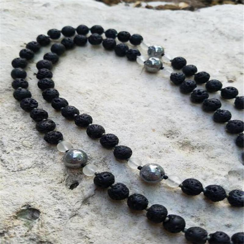 

Chains 8mm Volcanic Rock Hematite Gemstone Mala Necklace 108 Beads Fancy Cuff Meditation Monk Wrist Pray Lucky Tassel Energy