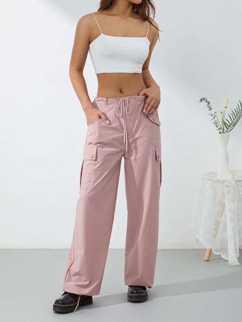 

Women' Pants Women Loose Long Cargo Autumn Ladies Solid Color Low Waist Drawstring Tie Up Wide Leg Trousers With Pockets Streetwear, Blue