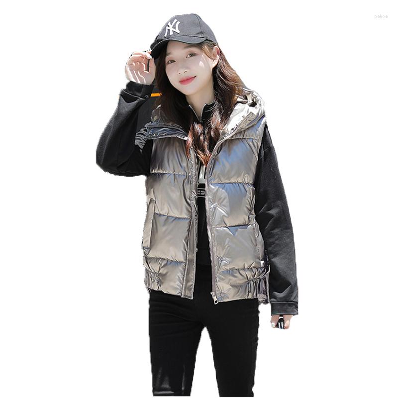 

Women's Vests 2023 Winter Glossy Hooded Down Cotton Vest Coat Women White Black Gold Tops Fashion Loose Sleeveless Short Jacket N1363