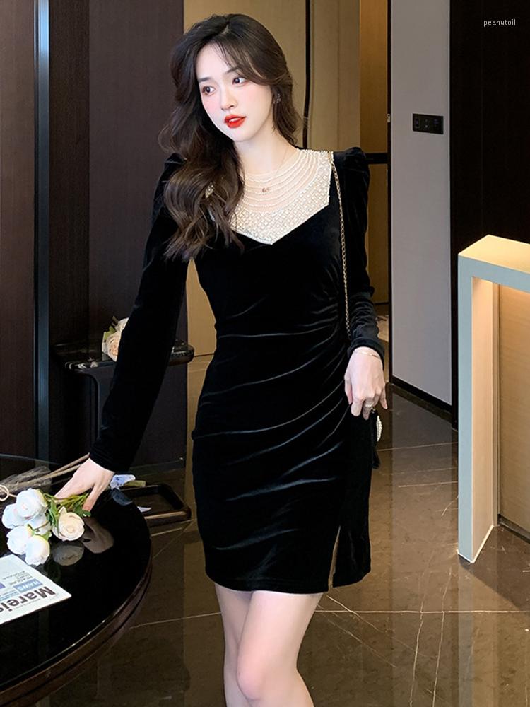 

Casual Dresses Autumn Winter Elegant Women Evening Dress Velvet Black Retro Lace See Through Folds Mini Party Gown Femme Mujer Vestidos
