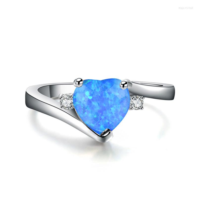 

Wedding Rings Boho Female White Blue Opal Stone Ring Fashion Small Silver Color Heart Promise Engagement For Women