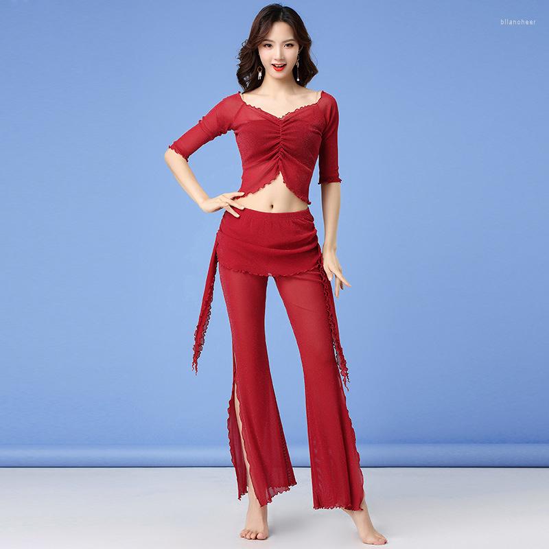 

Stage Wear Women Dance Clothing Class Top And Pants Side Slit Belly Practice Costume Set For Girls, Rhodo