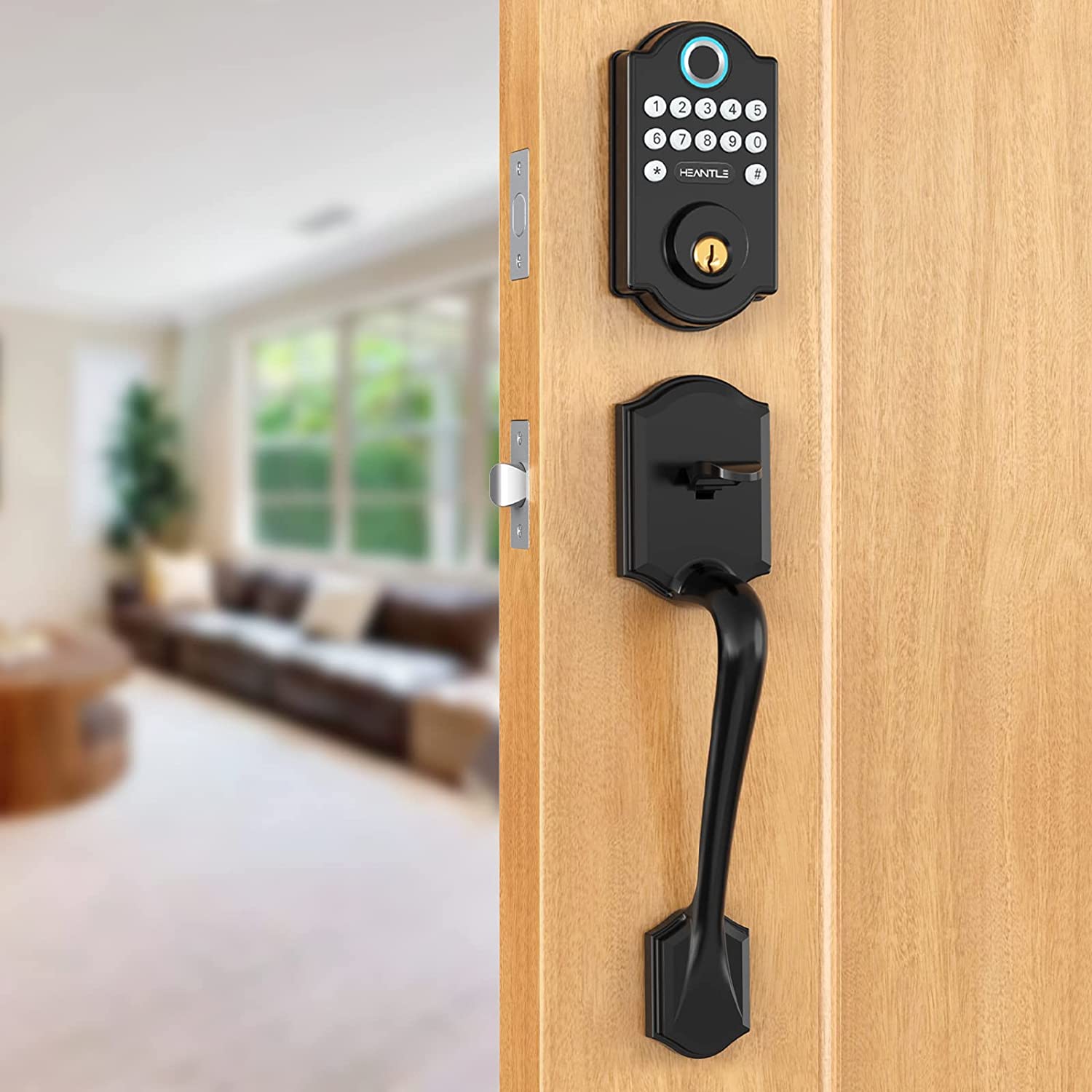 

Heantle Smart Door Lock Fingerprint Deadbolt with Handle Set for Front Door Keyless Entry Electronic Digital Keypad Locks