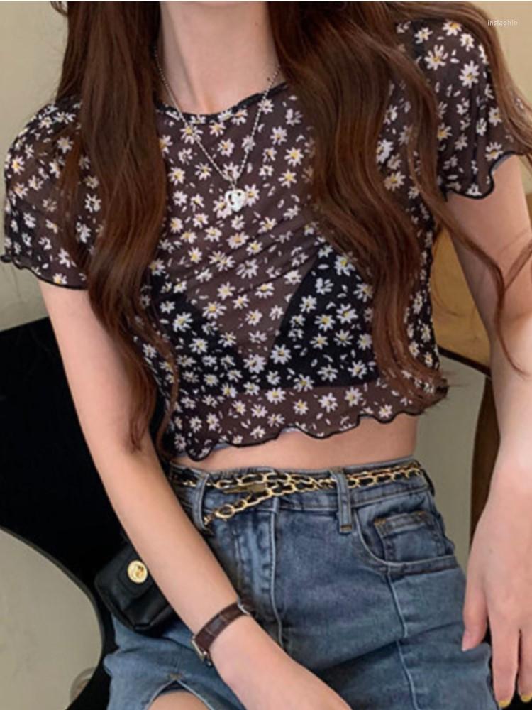 

Women' T Shirts Short Sleeve T-shirt Floral Slim Cropped Cozy Summer Thin Ruffles All Match Girlish Lovely Sexy Tops Casual Y2k Ins Mesh, Black