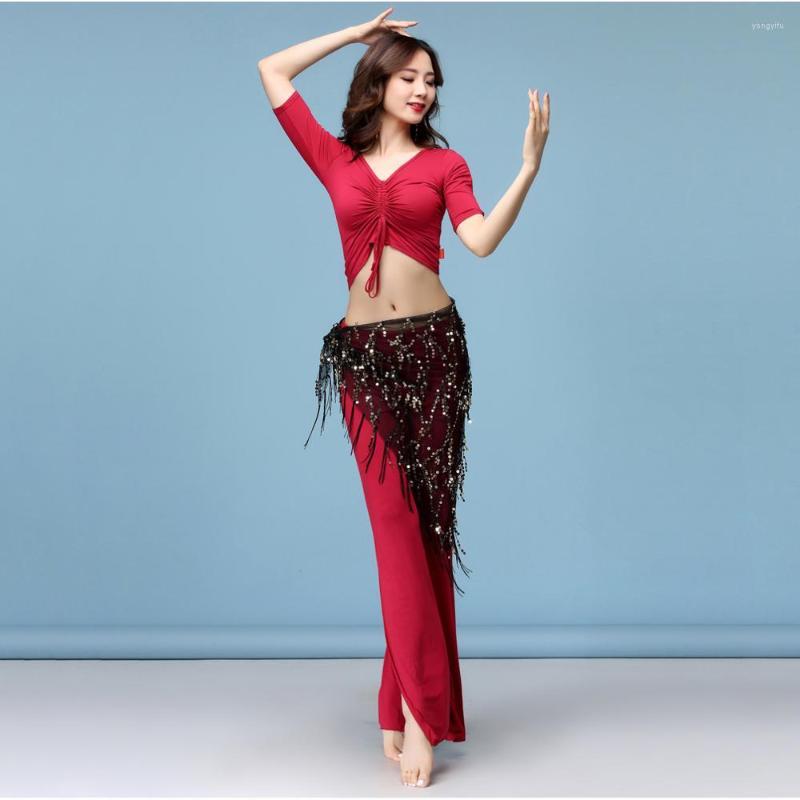 

Stage Wear Beginner Class Modal Women Belly Dance Costume Set Long Trousers Mesh Sequin Hip Scarf 3 Pieces (top Pants & Belt), Red