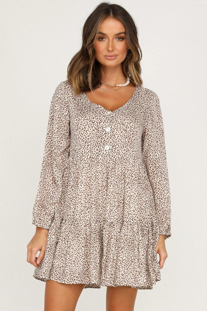 

Casual Dresses Arrival Women' Long Sleeves Buttoned Leopard Print Sleeve Loose Dress A Line Beach Gowns Girls, 02