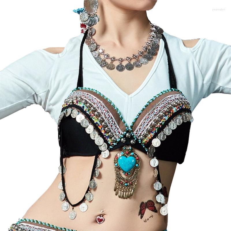 

Stage Wear Tribal Belly Dance Clothes Coin Antique Silver Bra Metallic Chain Tassels Push Up Vintage Gypsy Coins Top 34C/36C/38C, Picture shown