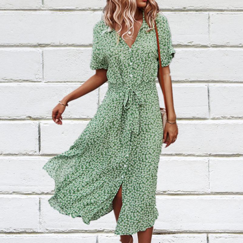 

Casual Dresses 2023 Summer Puff Sleeve Long Dress Women Elegant Printed V-Neck Maxi Boho Drawstring Loose Holiday Beach