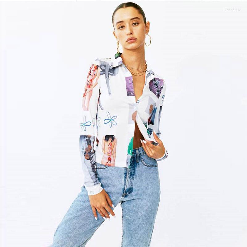 

Women' T Shirts Womens Tops Autumn High Street Printed Fashion T-shirts Turn-down Collar Long Sleeve Regular Female, White