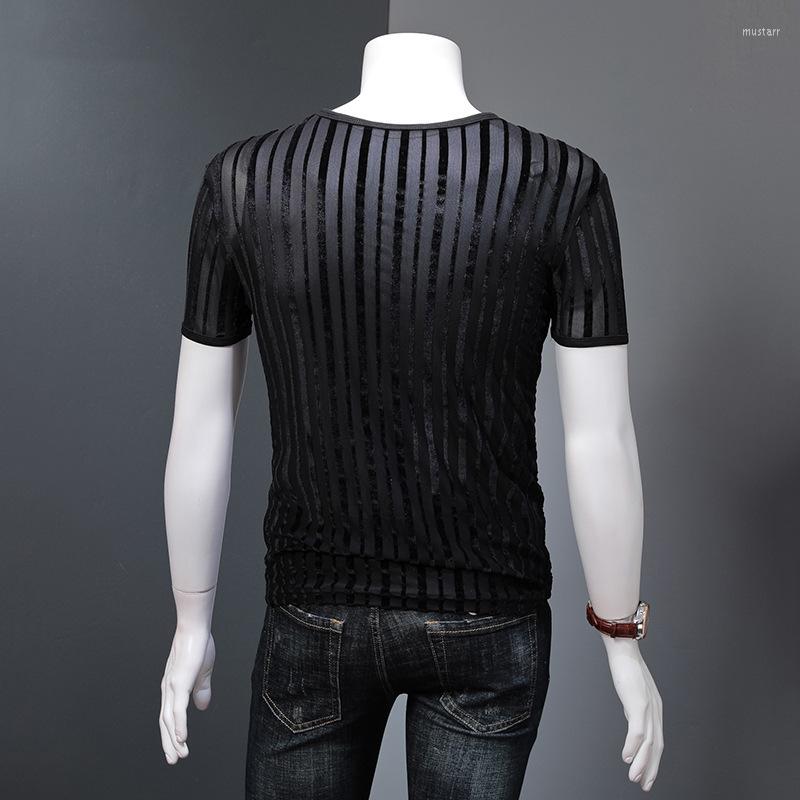 

Men's T Shirts Brand Black Half Transparent Hollow Short Sleeve Tshirt Men Summer Personalized Lightweight Striped Slim O-Neck Tops 4XL