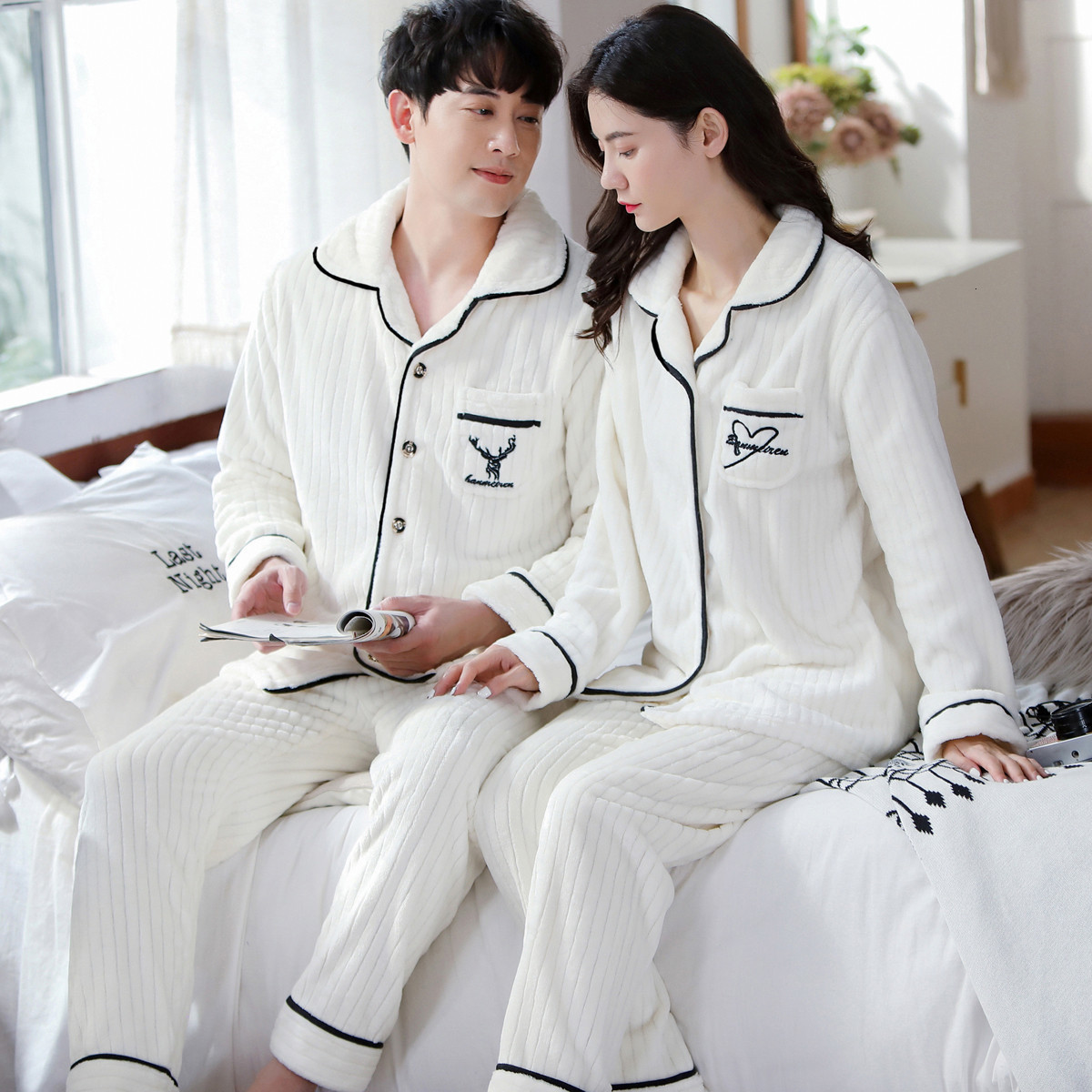 

Men's Sleepwear Autumn Winter Coral Velvet Couple Pajamas Set V-Neck Plus Size Home Service Suit Casual Women Flannel White Sleepwear Nightwear 230317, Pj302color8