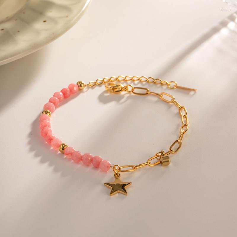 

Charm Bracelets Minar Cute Pink Color Natural Stone Star Women 18K Gold Plating Stainless Steel Asymmetry Link Chain Bracelet